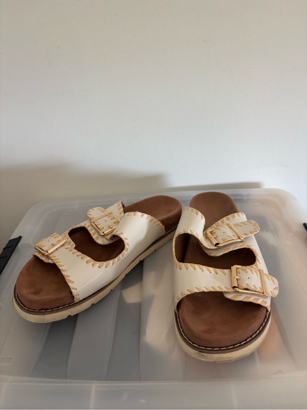 White Double-Buckle Slide Sandals